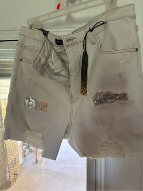 Sequin Patch Distressed White Jean Shorts